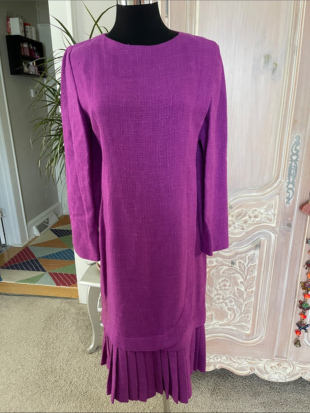 Vintage Carolina Herrera Viscose/Linen Dress with Pleaded Attached Skirt